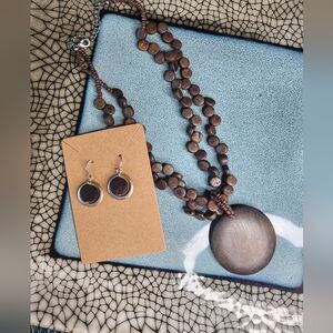 Brown Wood And Silver Tone Beaded Necklace and Earring Set